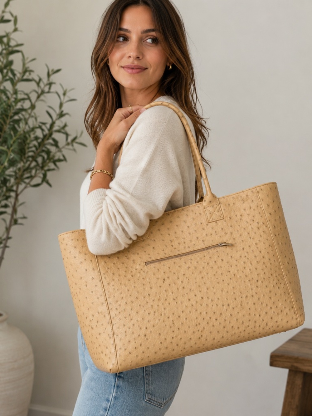 Italian Leather Oversized Tote Bag Cream Beige Ostrich Embossed Vera Pelle